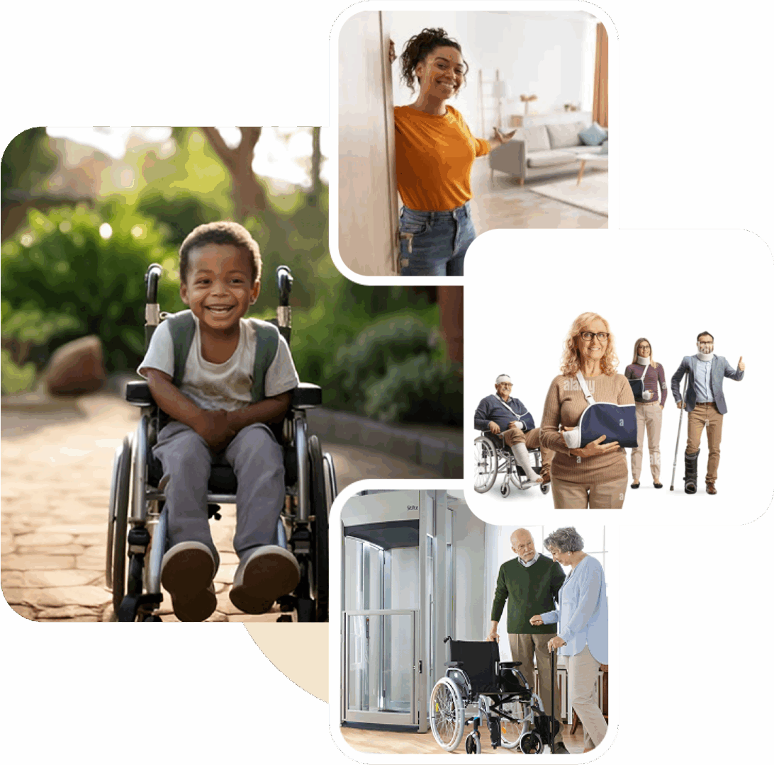 Group 1321317413 (1) Collage showing diverse people using wheelchairs in different everyday settings.