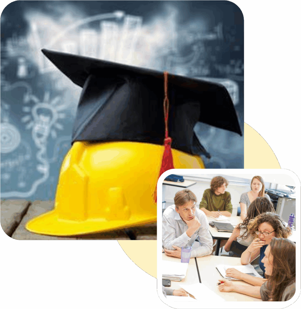 Group 1321317415 Graduation cap on a construction helmet symbolizing education in engineering.