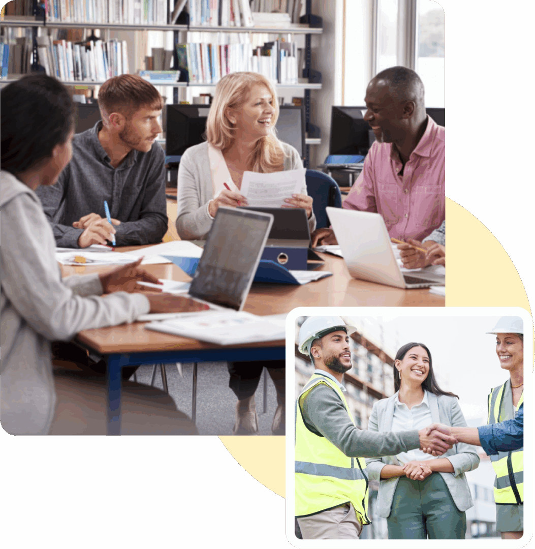 Group 1321317416 (1) Diverse professionals collaborating enthusiastically in a modern office setting.